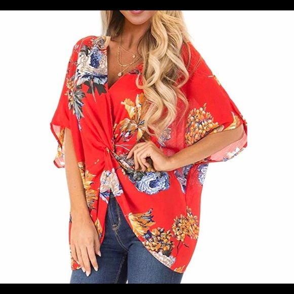 Tops - 🆕 Sleeve V Neck Ruched Twist Floral Print Blouse